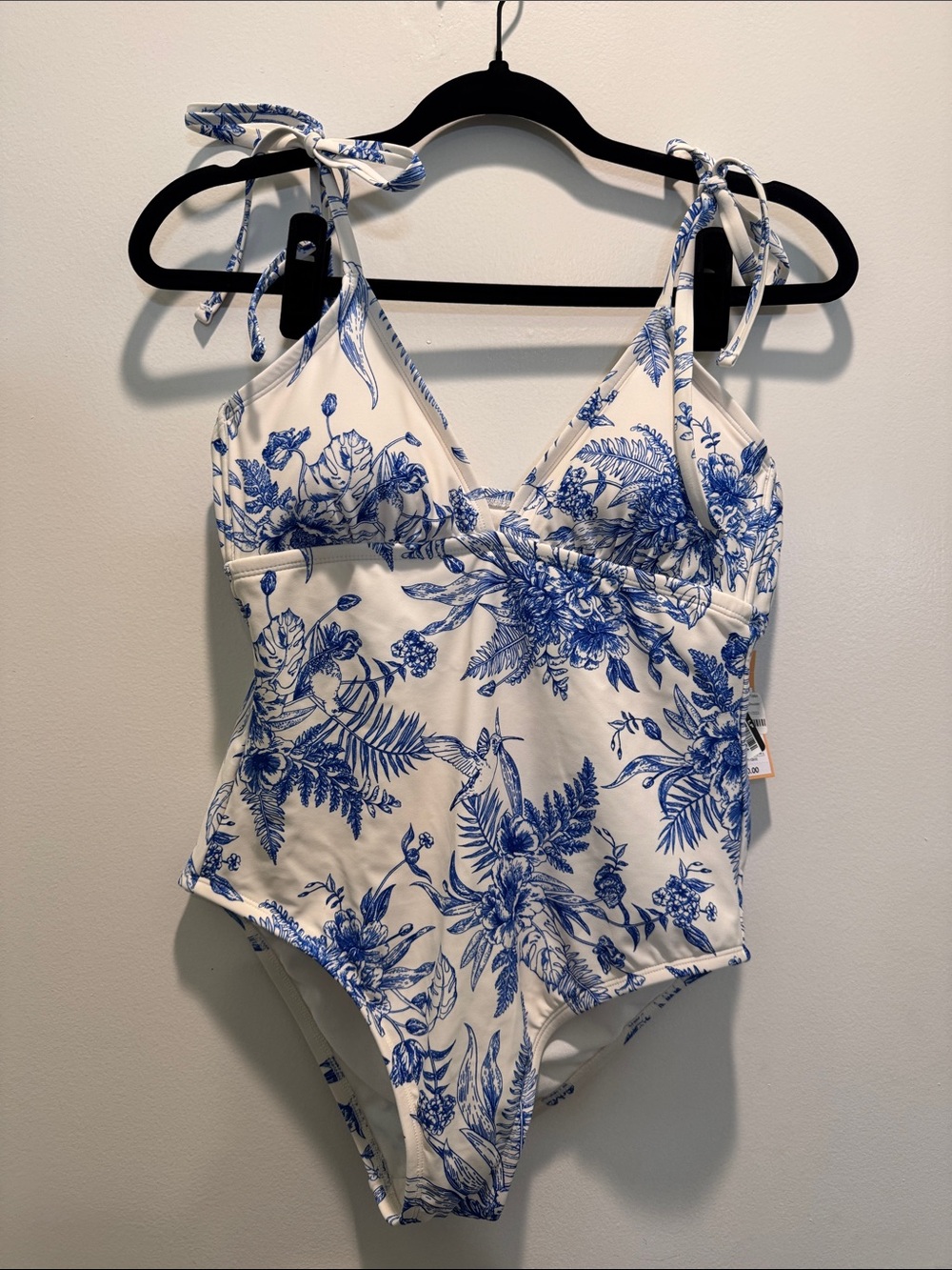 Kona Sol Blue & White Floral Tie-Shoulder One-Piece